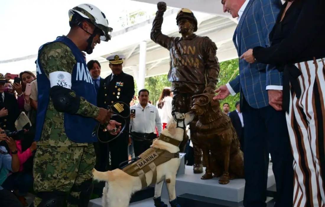 Develan estatua en honor a Frida, la perrita rescatista